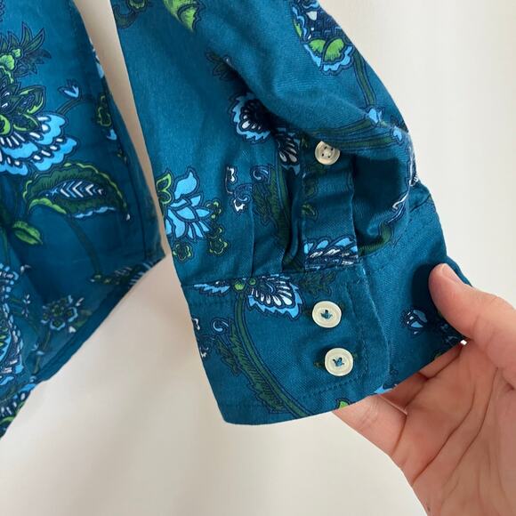 Talbots Petite | Teal Blue Paisley Floral Button Up Blouse 100% Cotton Womens LP - Picture 3 of 6